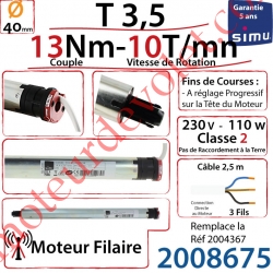 Moteur Filaire T3,5 13/10 Avec FdC à Réglage Progressif sans Carré sans Mds Double Isolation Classe II Sans Fil de Terre