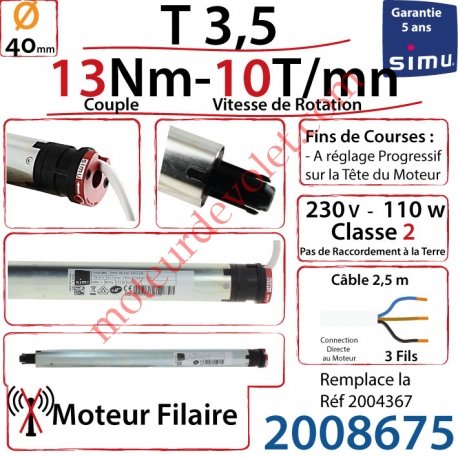 Moteur Filaire T3,5 13/10 Avec FdC à Réglage Progressif sans Carré sans Mds Double Isolation Classe II Sans Fil de Terre