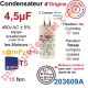 Condensateur d'Origine pour Moteur Tubulaire Simu ou Somfy à Cosses Faston 2,8 mm Capacité 4,5µF ±5% 400-450v