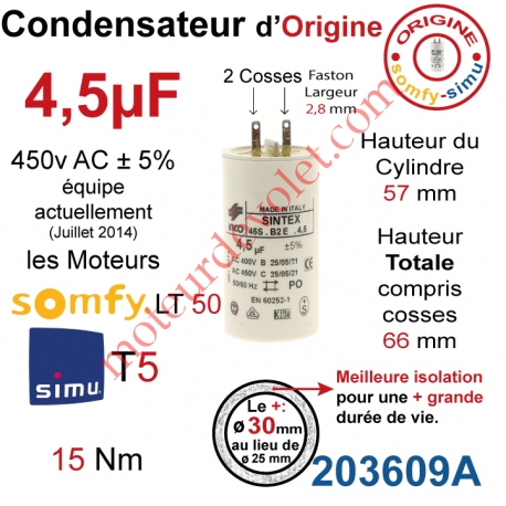 Condensateur d'Origine pour Moteur Tubulaire Simu ou Somfy à Cosses Faston 2,8 mm Capacité 4,5µF ±5% 400-450v