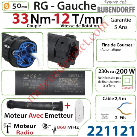 Moteur Bubendorff Radio RG Gauche 33 Nm sans Mds et son Emetteur Mural