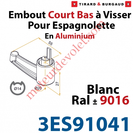 Embout Court Bas modèle Alliance à Visser pour Tube d'Espagnolette Diamètre 14mm Rainuré en Aluminium Laqué Blanc ± Ral 9016