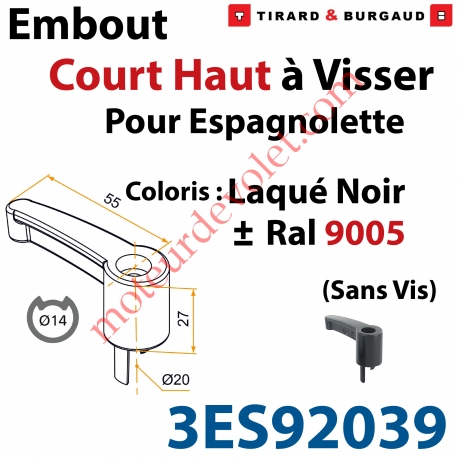 Embout Court Haut modèle Alliance à Visser pour Tube d'Espagnolette Diamètre 14mm Rainuré en Aluminium Laqué Noir ± Ral 9005