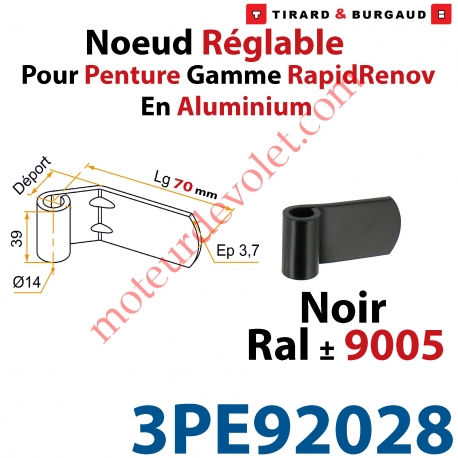 Nœud Réglable pour Penture Gamme RapidRénov Diamètre:14 Lg:70 Déport:15mm en Plat Aluminium de 39,5x4mm Laqué Noir ± Ral 9005