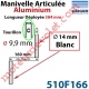 Manivelle Aluminium Bras ø14 mm Lg 160mm Anodisé Naturel Poignées Blanches Tourillon ø9,9 Lg Utile 384mm