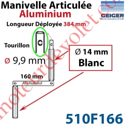 Manivelle Aluminium Bras ø14 mm Lg 160mm Anodisé Naturel Poignées Blanches Tourillon ø9,9 Lg Utile 384mm