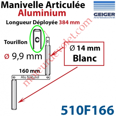 Manivelle Aluminium Bras ø14 mm Lg 160mm Anodisé Naturel Poignées Blanches Tourillon ø9,9 Lg Utile 384mm