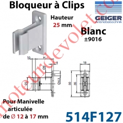 Bloqueur à Clips Prof Fixe de 25 mm pr Tringle Oscillante ø 12 à 17 mm Col Blanc