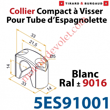 Collier Compact à Visser en Matériau Composite Blanc ±Ral 9016 pour Tube Espagnolette Diam 14mm Rainuré en Aluminium (Sans vis)