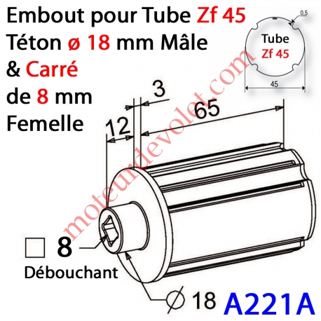 Embout Zf 45 Téton ø 18 mm Mâle Alésé en Carré de 8 mm Femelle