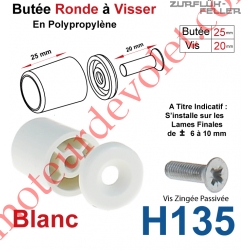 Butée Ronde Coloris Blanc à Visser sur Lame Finale Longueur 25 mm Avec Rondelle et Vis Zinguée Lg 20mm
