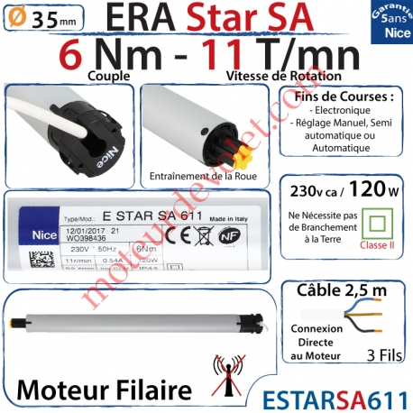 Moteur Nice Filaire Era Star SA 6/11 Av FdC Electronique Série S (Small ø35mm)