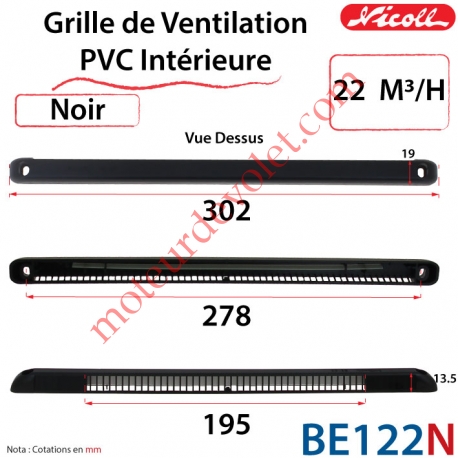 Grille de Ventilation PVC Intérieure 22 m³/h Auto Réglable Nicoll 302 x 19 x 13.5 Coloris Noir