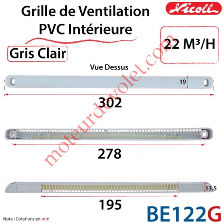 Grille de Ventilation PVC Intérieure 22 m³/h Auto Réglable Nicoll 302 x 19 x 13.5 Coloris Gris Clair