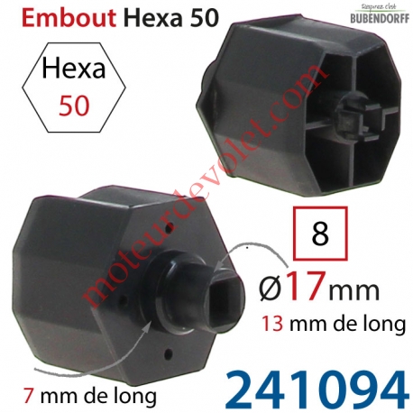 Embout Plastique Hexa 50 Téton Plastique ø 17 mm Lg 13 mm Alésé Carré 8 Freiné