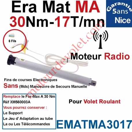 Moteur Nice Radio Era Mat MA 30/17 Av FdC Electro & Fréquence 433,92MHz Rolling Code Série M (Medium ø45mm)