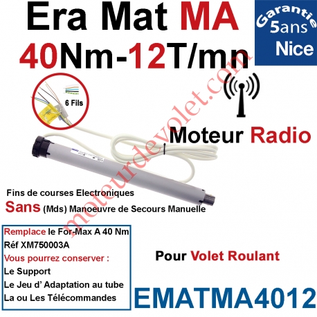 Moteur Nice Radio Era Mat MA 40/12 Av FdC Electro & Fréquence 433,92MHz Rolling Code Série M (Medium ø45mm)
