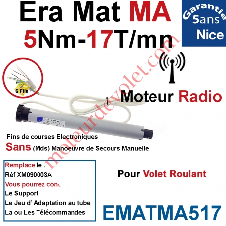 Moteur Nice Radio Era Mat MA 5/17 Av FdC Electro & Fréquence 433,92MHz Rolling Code Série M (Medium ø45mm)