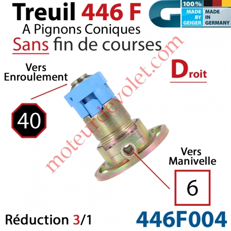 Treuil Débrayable Droit à Pignons Côniques 446F Entrée Carré 6 Femelle Sortie Octo 40 Mâle Sans FdC