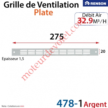 Grille de Ventilation 32.9 m³/h Plate Renson 275 x 20 x 1,25 mm Coloris Argent