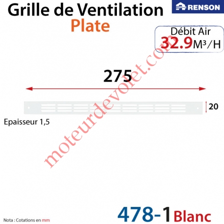 Grille de Ventilation 32.9 m³/h Plate Renson 275 x 20 x 1,25 mm Coloris Laqué Blanc ± Ral 9010