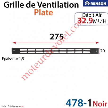 Grille de Ventilation 32.9 m³/h Plate Renson 275 x 20 x 1,25 mm Coloris Laqué Noir ± Ral 9005