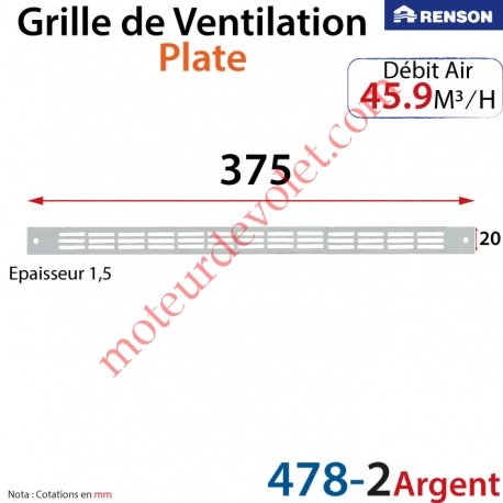Grille de Ventilation 45.9 m³/h Plate Renson 375 x 20 x 1,25 mm Coloris Argent