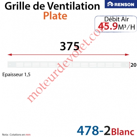 Grille de Ventilation 45.9 m³/h Plate Renson 375 x 20 x 1,25 mm Coloris Laqué Blanc ± Ral 9010