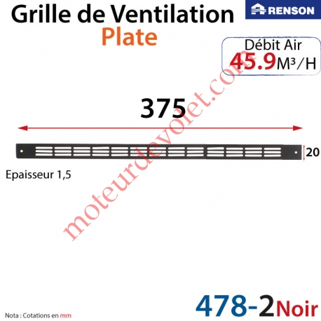 Grille de Ventilation 45.9 m³/h Plate Renson 375 x 20 x 1,25 mm Coloris Laqué Noir ± Ral 9005