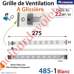 Grille de Ventilation Intérieure 22 m³/h à Glissière Renson 275 x 22 x 6 mm Coloris Laqué Blanc ± Ral 9010