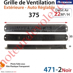 Grille de Ventilation Extérieure 22 m³/h Auto Réglable Renson 375 x 35 Coloris Laqué Noir ± Ral 9005