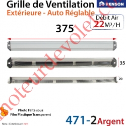 Grille de Ventilation Extérieure 22 m³/h Auto Réglable Renson 375 x 35 Coloris Argent