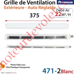 Grille de Ventilation Extérieure 22 m³/h Auto Réglable Renson 375 x 35 Coloris Laqué Blanc ± Ral 9010