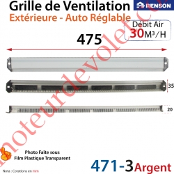Grille de Ventilation Extérieure 30 m³/h Auto Réglable Renson 475 x 35 Coloris Argent