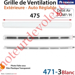 Grille de Ventilation Extérieure 30 m³/h Auto Réglable Renson 475 x 35 Coloris Laqué Blanc ± Ral 9010