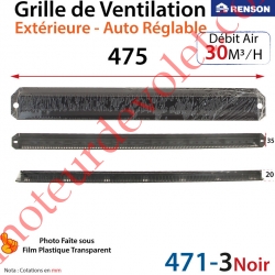 Grille de Ventilation Extérieure 30 m³/h Auto Réglable Renson 475 x 35 Coloris Laqué Noir ± Ral 9005