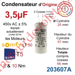 Condensateur d'Origine pour Moteur Tubulaire Simu ou Somfy à Cosses Faston 2,8 mm Capacité 3,5µF ±5% 450 v