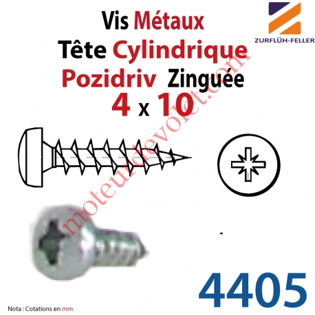 Vis Métaux Tête Cylindrique Pozidriv Zinguée 4 x 10 mm Filetage Total Classe x.x
