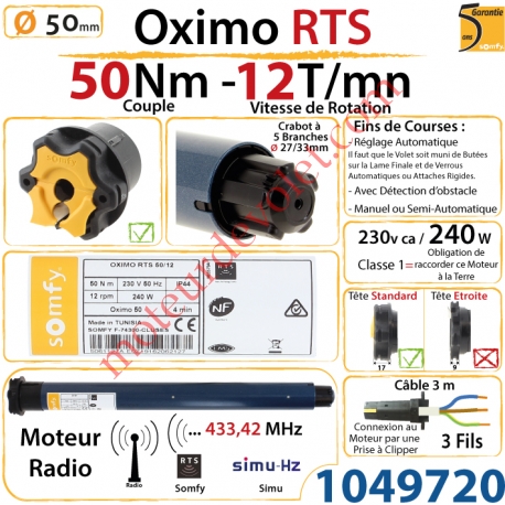 Moteur Somfy Oximo Rts 50/12 LT 50
