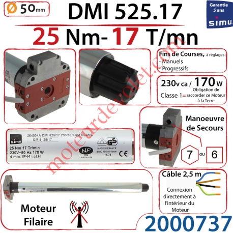 Moteur Filaire Avec Mds T5 Dmi 25/17 Avec FdC à Réglage Progressif