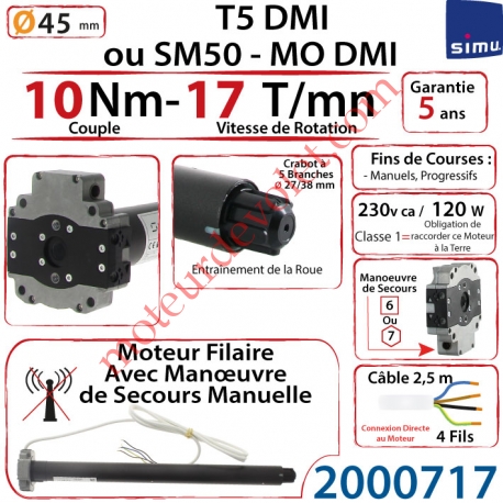 Moteur Filaire Avec Mds T5 Dmi ou SM50-MO Dmi 10/17 Avec FdC à Réglage Progressif