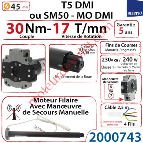 Moteur Filaire Avec Mds T5 Dmi ou SM50-MO Dmi 30/17 Avec FdC à Réglage Progressif