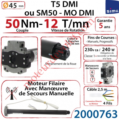 Moteur Filaire Avec Mds T5 Dmi ou SM50-MO Dmi 50/12 Avec FdC à Réglage Progressif