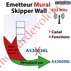 Emetteur Mural Cherubini Skipper Wall 433 MHz 1 Canal 4 Fonctions Avec Cadre Blanc,remplacé par la Réf A530090L