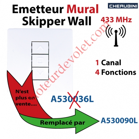 Emetteur Mural Cherubini Skipper Wall 433 MHz 1 Canal 4 Fonctions Avec Cadre Blanc,remplacé par la Réf A530090L