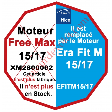 Moteur Nice Radio Free-Max 15/17 Av FdC Electro & Fréquence 433,92MHz Rolling Code M 50, Remplacé par EFITM1517
