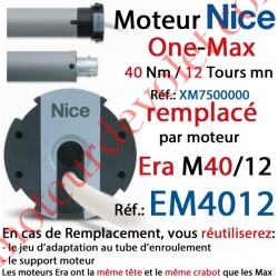 Moteur Nice Filaire One Max 40/12 Av FdC Manuels M 50, Remplacé par EM4012