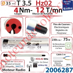 Moteur Radio Simu Hz02 4/12 Rts Sans Carré T3,5 sans Mds Double Isolation Classe II Sans Fil de Terre