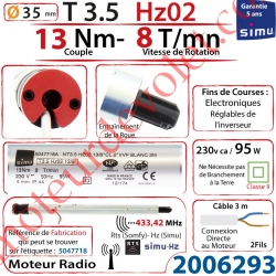 Moteur Radio Simu Hz02 13/8 Rts Sans Carré T3,5 sans Mds Double Isolation Classe II Sans Fil de Terre