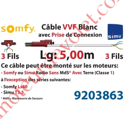 Câble H05VVF Blanc 3 x 0.75 mm² lg 5,00 m Avec Prise Marron ou Grise pour Moteur LT Rts ou io